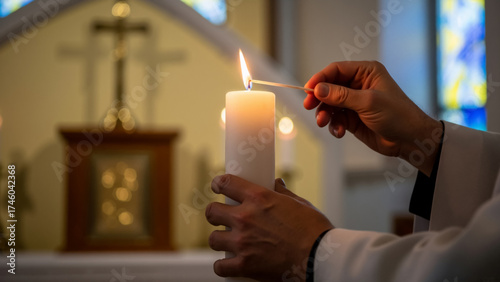 Close-up of hands lighting a candle in a church. Religious ceremony for All Souls' Day. Concept of faith, prayer, and remembrance