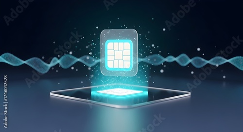  Futuristic glowing sim card or E sim symbol.