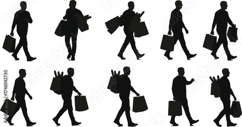 Silhouette of man walking with shopping bags, carrying groceries, black and white vector illustration symbolizing lifestyle, consumerism, and daily routine.