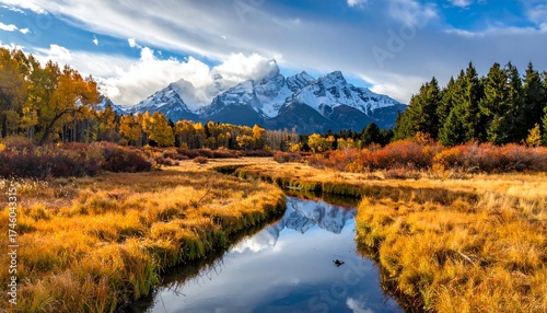 Wallpaper Mural Autumnal Grand Teton Reflection - Serene River Scene in Wyoming. Torontodigital.ca