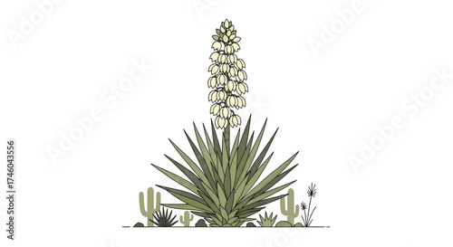 Desert Yucca Plant with Cacti and Succulents in a Stylized Botanical Illustration