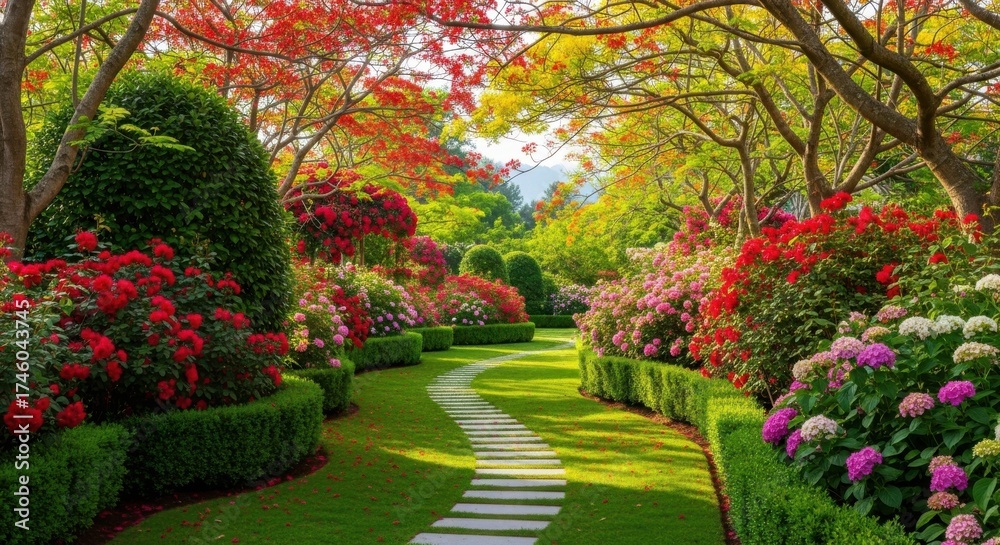 Obraz premium Enchanting garden path lined with vibrant flowers and lush greenery