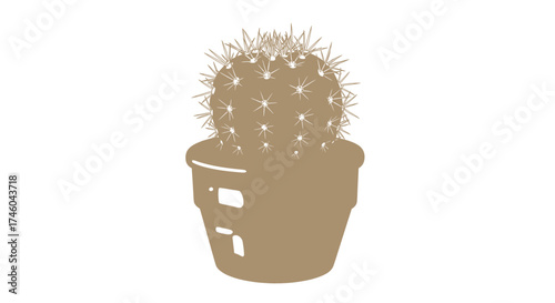 Stylized vector icon of a prickly barrel cactus in a simple pot, isolated on a white background for nature and botanical design concepts