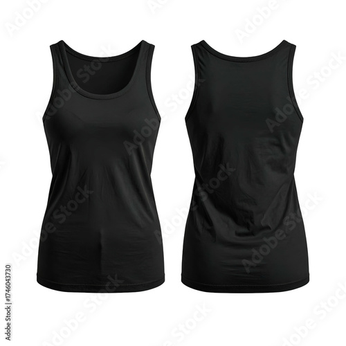 Front and back view of a plain black tank top against a dark background