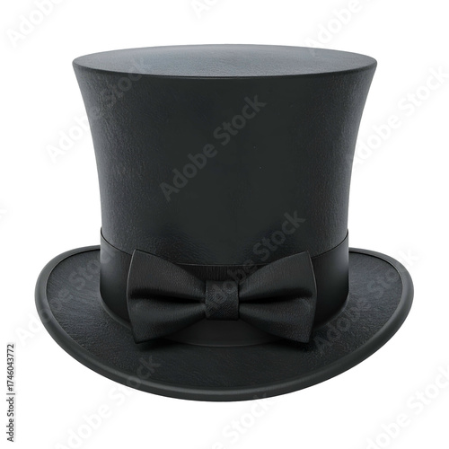 A dark, tall hat with a ribbon and bow, isolated on a black background