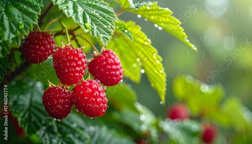 Close-up of ripe red raspberries growing on a bush with green leaves and water droplets.