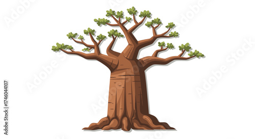 A large, stylized baobab tree with a thick trunk and spreading branches, illustrated on a white background, symbolizing nature and life
