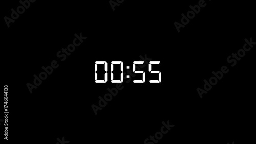 1 Minute countdown animation on black background. 1 minute timer on stopwatch on black background.