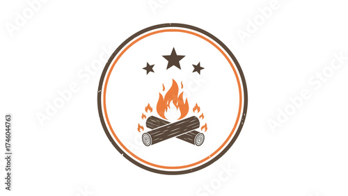 Campfire Bonfire Logo with Logs and Three Stars for Outdoor Camping