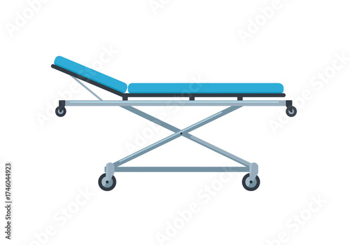 Blue Medical Stretcher with Adjustable Headrest and Wheels.
