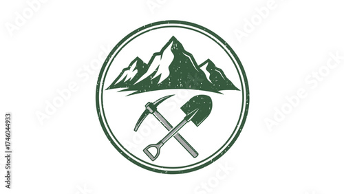 Vintage Mining Logo Design with Pickaxe Shovel and Mountain Peaks