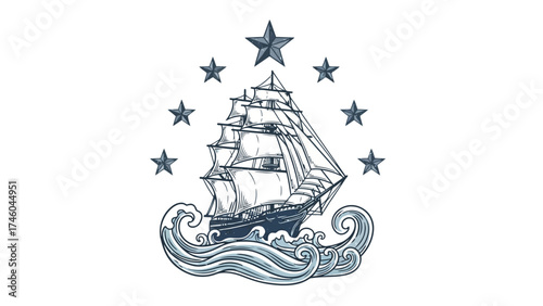 Vintage Engraving Sailing Ship on Ocean Waves Surrounded by Seven Stars