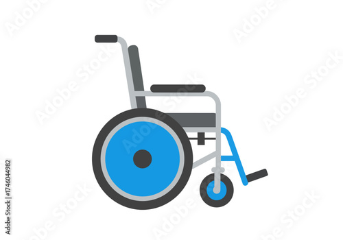 Blue and Gray Wheelchair Illustration with Footrests and Armrests.