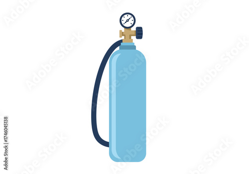 Light Blue Oxygen Tank with Pressure Gauge and Black Hose.