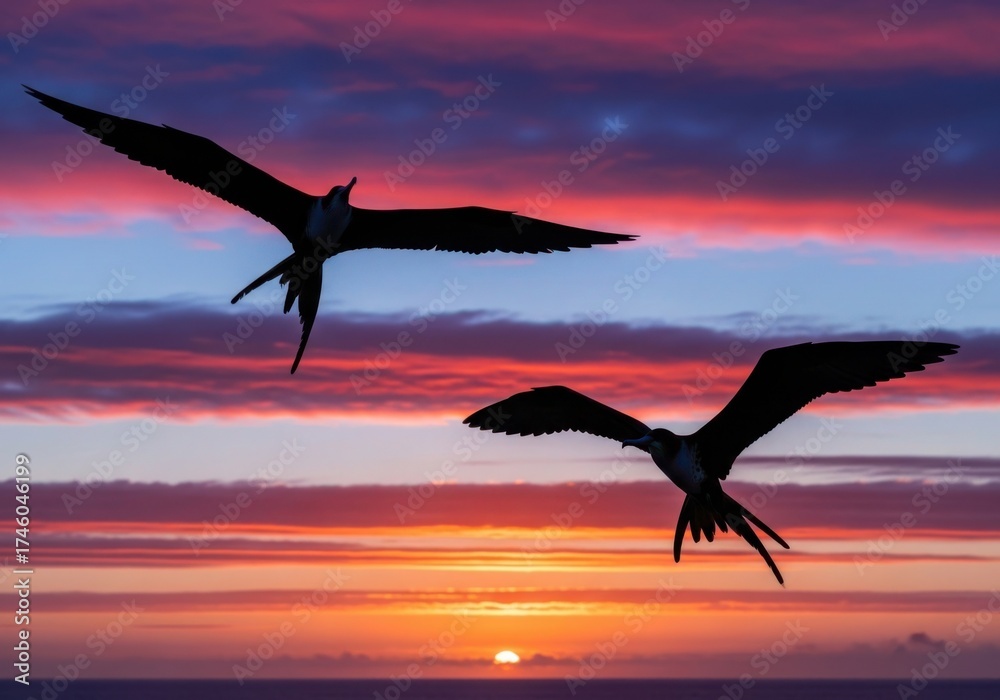 Fototapeta premium Two frigatebirds silhouetted against a vibrant sunset sky