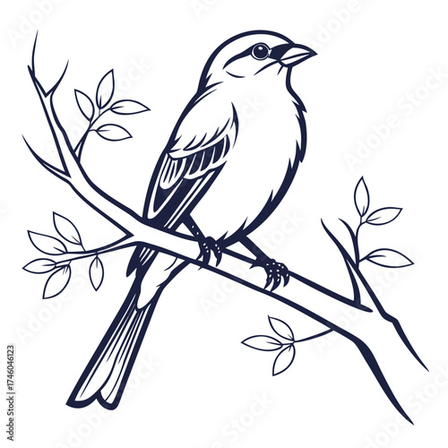 Detailed line art of a bird perched on a branch