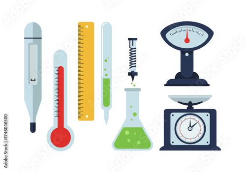 Scientific Measurement Tools: Thermometers Ruler Pipette Flask and Scale.