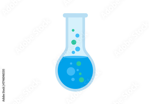 Erlenmeyer Flask with Blue Liquid and Bubbles Illustration.