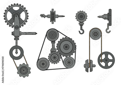 Mechanical Gear and Pulley System Illustration with Belts and Hooks.