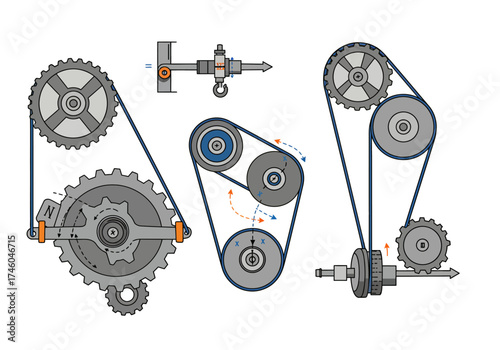 Illustrated Mechanical Systems with Gears Pulleys and Belts Demonstrating Power Transmission.