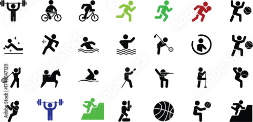 Collection of diverse sport and activity icons representing fitness, athletics, and recreational pursuits for graphic design and web applications