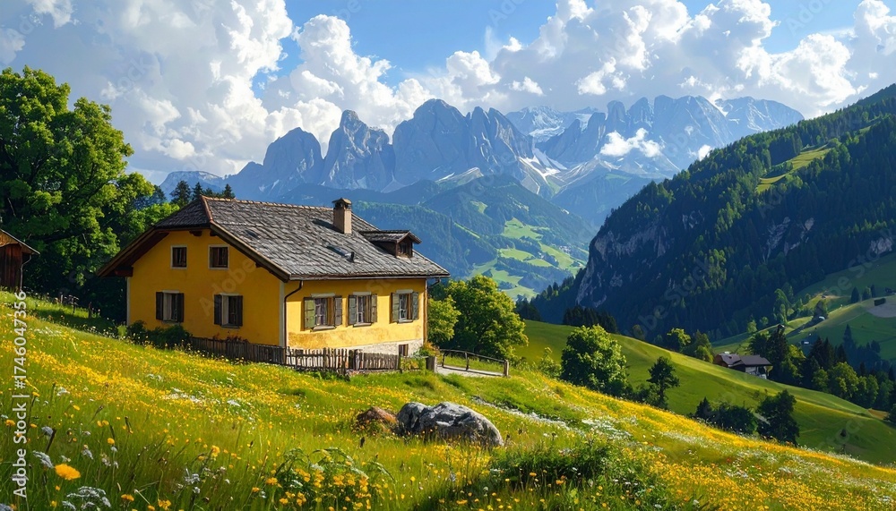 Obraz premium Picturesque yellow house nestled in a vibrant green meadow with majestic mountains.