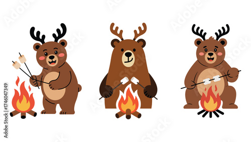 Three adorable cartoon bears wearing antlers roasting marshmallows over campfires in a whimsical outdoor scene
