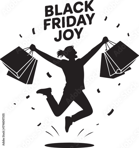 Happy Shopper  Running with Shopping Bags  Silhouette Vector 
