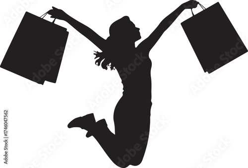 Happy Shopper  Running with Shopping Bags  Silhouette Vector 

