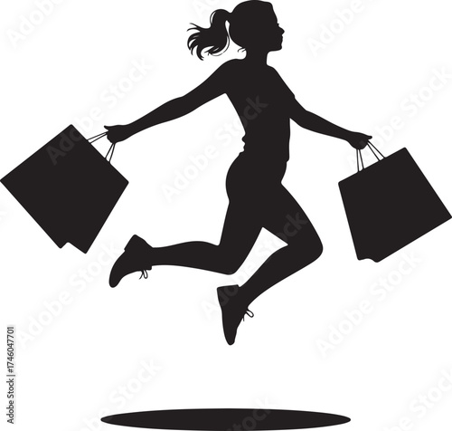 Happy Shopper  Running with Shopping Bags  Silhouette Vector 
