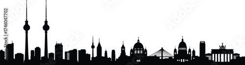 City skyline silhouette with television towers, cathedral dome, triumphal arch, modern skyscrapers, cable bridge, European landmark architecture, black outline, white background illustration