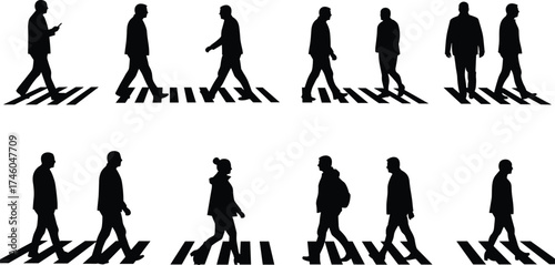Silhouette of walking people on pedestrian crosswalk, business men and women illustration, urban city lifestyle concept, vector design art.