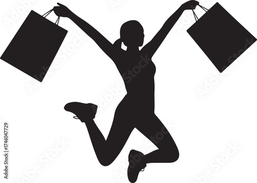 Happy Shopper  Running with Shopping Bags  Silhouette Vector 
