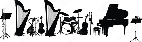 Musical instrument silhouettes with piano, harp, violin, cello, drum set, trombone, French horn, orchestra ensemble, black outline, white background illustration