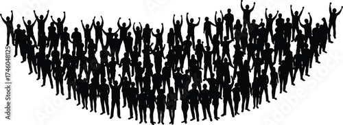 Crowd silhouettes celebrating together, group of people raising hands, unity concept, social gathering, celebration energy, black outline, white background illustration