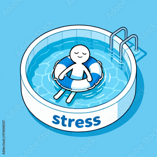 Man relaxes in pool, floating on a life preserver, finding peace and calm away from stress