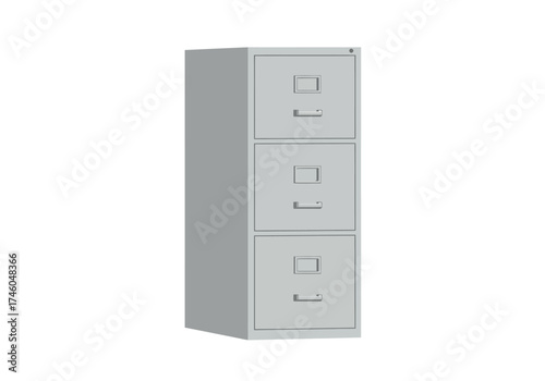 Gray Three-Drawer Metal Filing Cabinet for Office Storage.