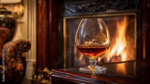 Fireside Elegance: Snifter of Fine Brandy in a Luxurious Vintage Study with Warm Hearth Glow