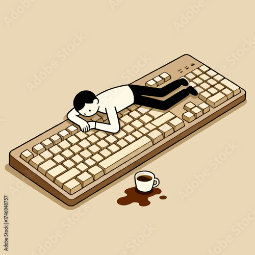 A tired person lies on a keyboard next to a spilled cup of coffee, symbolizing burnout and the need for a break