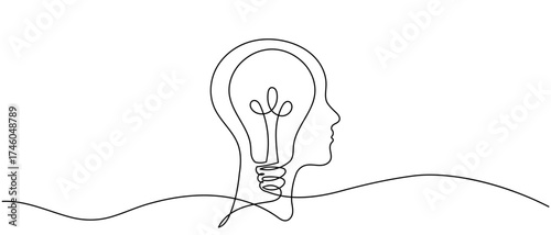 A single continuous line drawing the profile of a human head inside a light bulb. a bright idea, innovation, intelligence. a human head with a lightbulb inside a bright idea innovation.