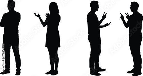 Silhouettes of people in conversation, business discussion, debate gesture, communication concept, teamwork interaction, black outline, social exchange, white background illustration