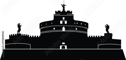 Castel Sant’Angelo silhouette Rome, historic fortress, mausoleum of Hadrian, landmark architecture, Archangel Michael statue, Italian heritage, black outline, white background illustration