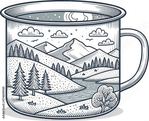 Serene mountain landscape illustration inside a camping mug evoking outdoor adventure and peaceful nature scenes