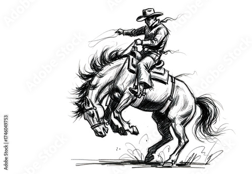 Dynamic sketch drawing of a cowboy on a bucking bronco, capturing the thrill of a rodeo ride.