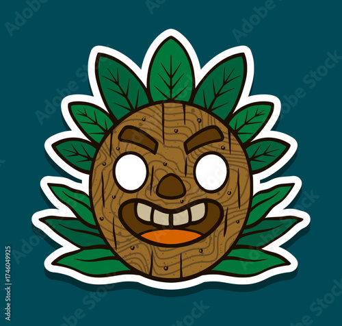 Tiki mask with layered leaf crown and wide smile Sticker Illustration