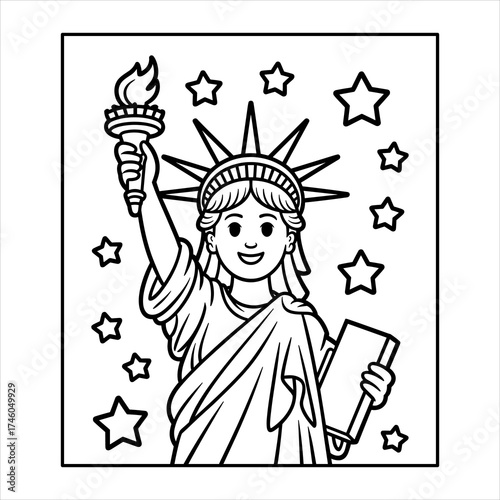 Statue of Liberty Coloring Page Vector, USA Landmark Line Art, Cartoon Statue of Liberty Illustration, American Icon Coloring Vector, New York Landmark Coloring Page Vector, Liberty Statue Line Art.