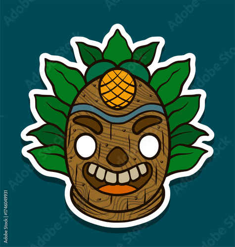 Tiki mask with pineapple headdress and green leaf fan Sticker Illustration