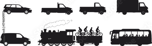 Transportation silhouettes with cars, trucks, bus, minivan, steam locomotive, cyclists, delivery vehicle, black outline, urban mobility, isolated white background illustration
