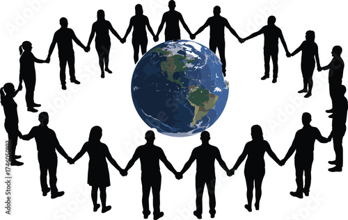 Silhouette people holding hands around Earth globe, symbol of unity, peace, diversity, teamwork, global community, connection, world harmony illustrationSilhouette people holding hands around 