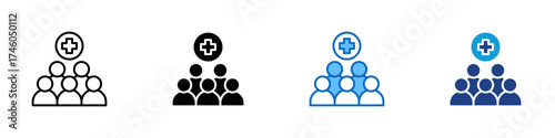 Medical Team Multiple Style Icon Design Vector - Group of people with medical cross, representing healthcare team, staff, or medical community